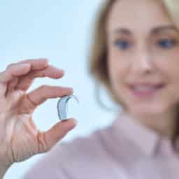 Woman showing off her new hearing aid